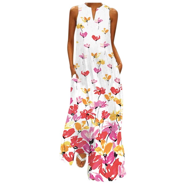 Floral Print V-neck Short-sleeved Waist Casual Maxi Dress main image 0