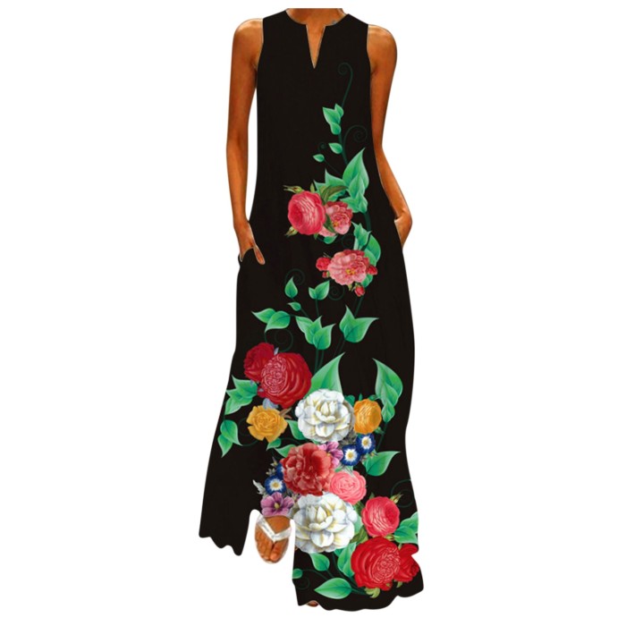 Elegent Sleeveless Print V-Neck Maxi Dress