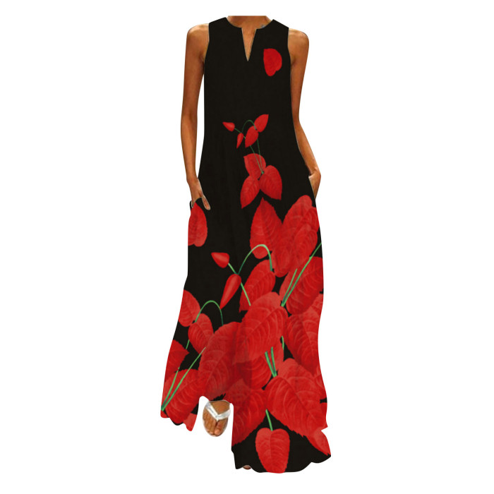 Sleeveless Fashion Boho Print V-Neck Maxi Dress
