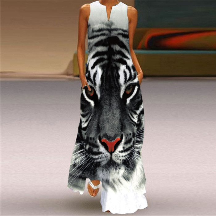 Fashion Print V-Neck Elegent Maxi Dress