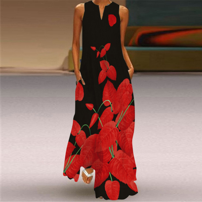Sleeveless Fashion Boho Print V-Neck Maxi Dress