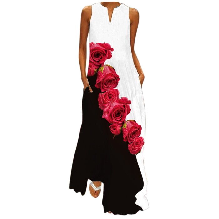 Fashion Floral Print Sleeveless V-Neck Maxi Dress