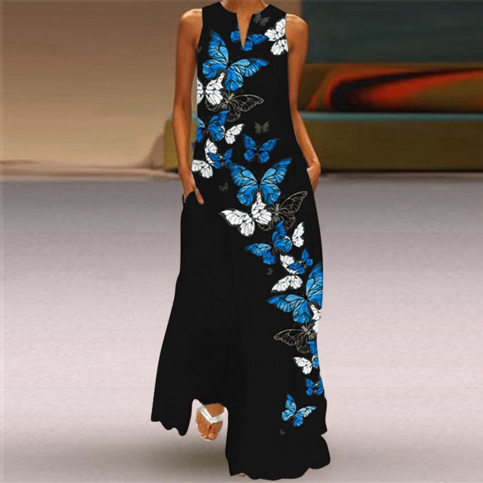 Elegent Sleeveless Print V-Neck Maxi Dress