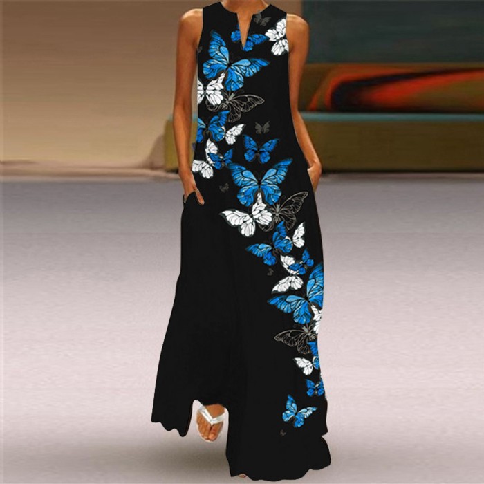 Floral Print V-Neck Elegent Maxi Dress