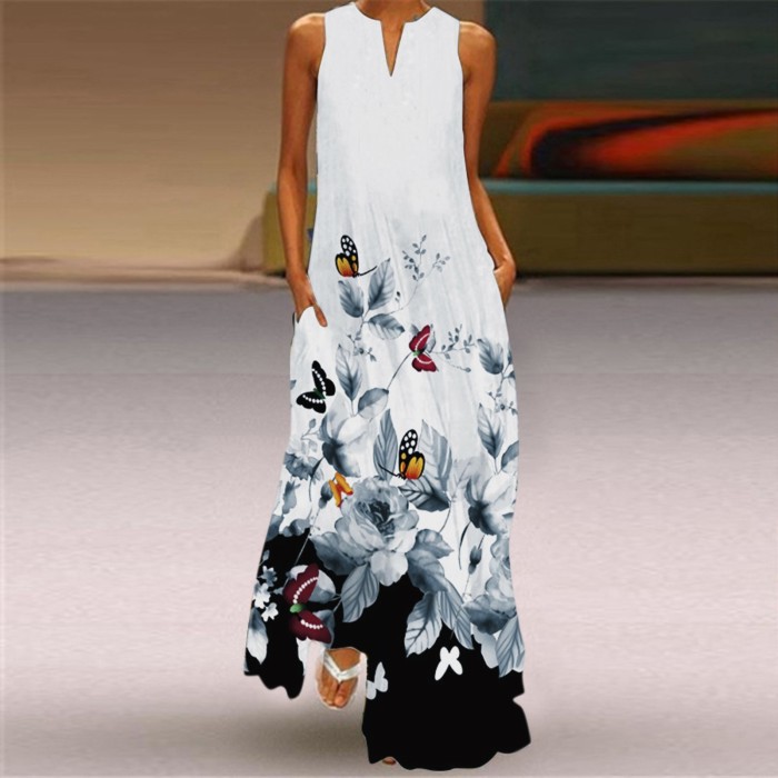 Fashion Floral Print Sleeveless V-Neck Maxi Dress