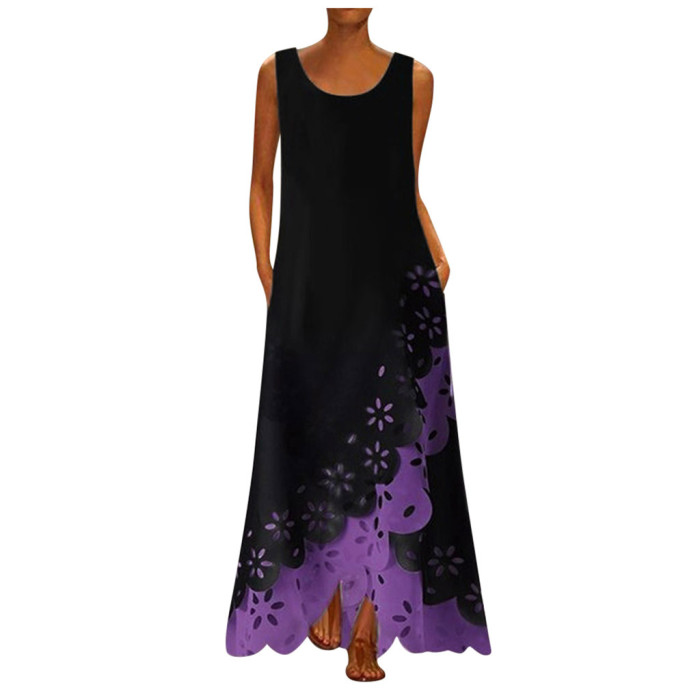 Fashion Sleeveless Printing Round Neck Bohemia Maxi Dress