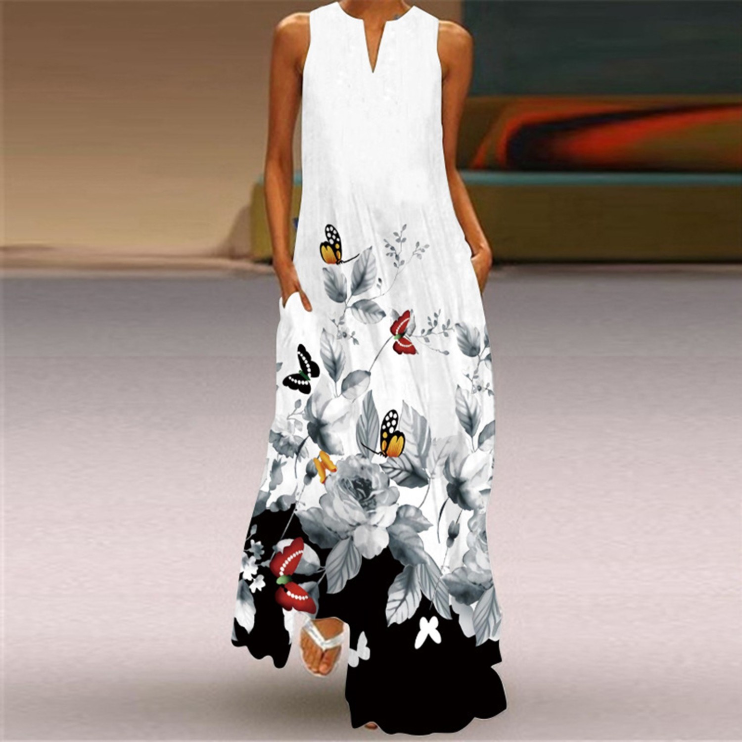 Stylish Maxi Dress With Lapel And Floral Print With Pocket