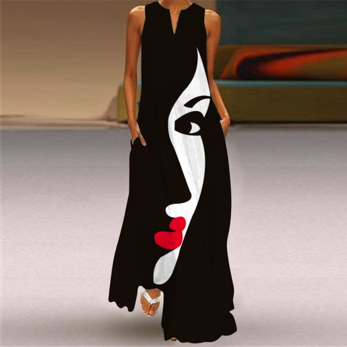 Casual Print V Neck Maxi Dress