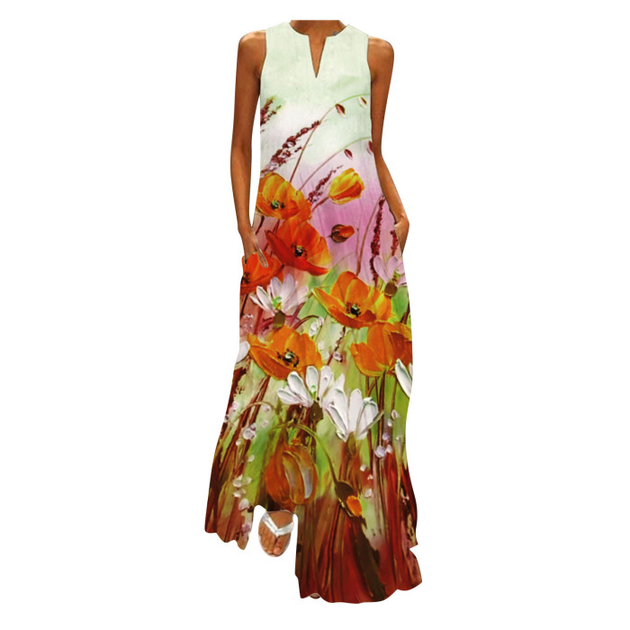 Sleeveless Fashion Boho Print V-Neck Maxi Dress