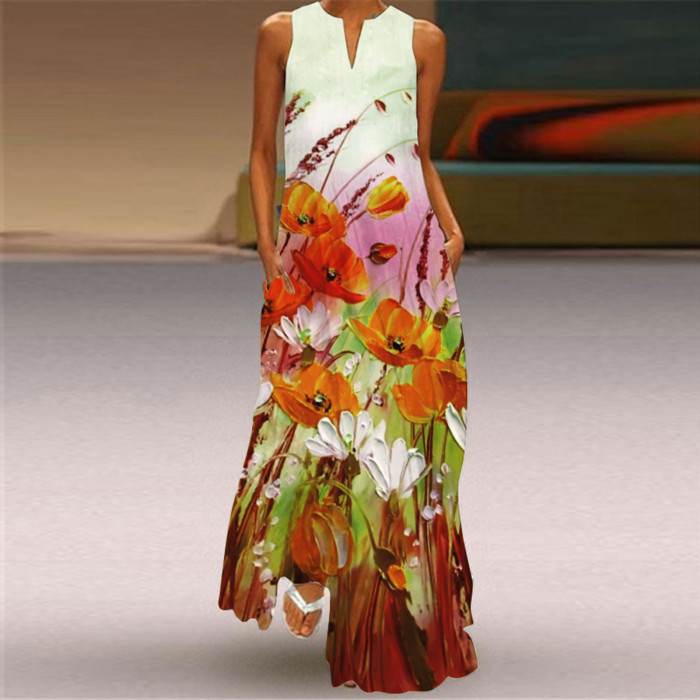 Sleeveless Fashion Boho Print V-Neck Maxi Dress
