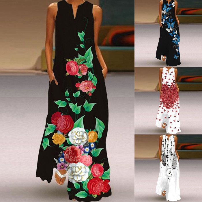 Elegent Sleeveless Print V-Neck Maxi Dress