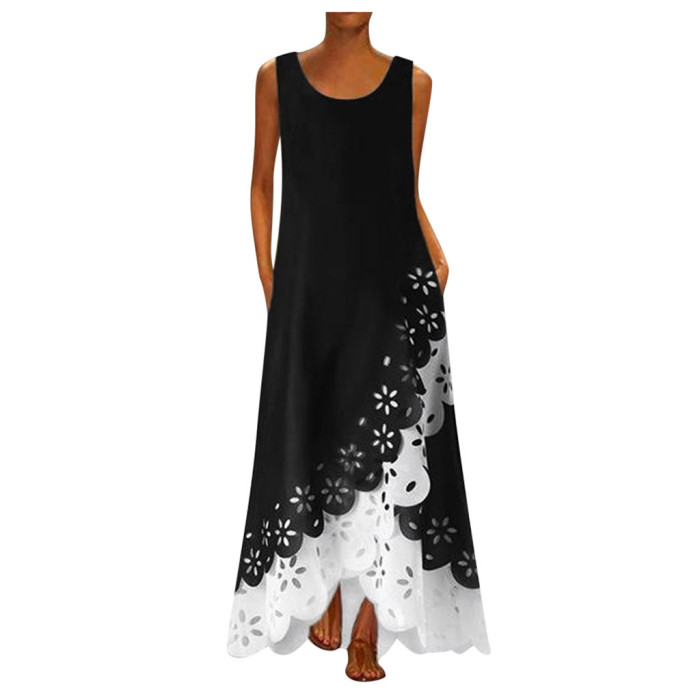 Fashion Sleeveless Printing Round Neck Bohemia Maxi Dress