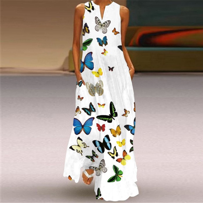 Casual Sleeveless Butterfly Print V-Neck Maxi Dress