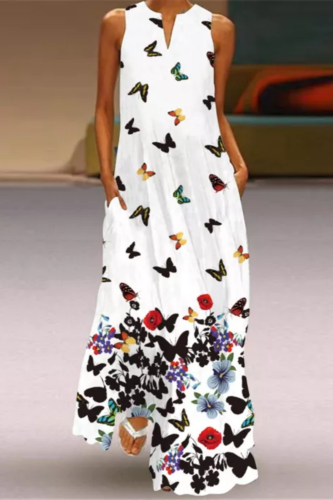 Casual Sleeveless Butterfly Print V-Neck Maxi Dress