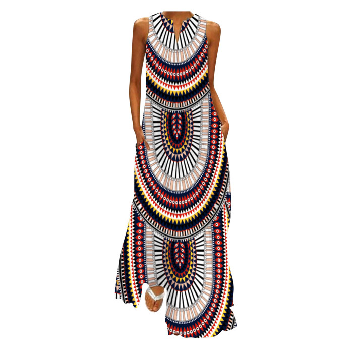 Fashion Print V-Neck Elegent Maxi Dress