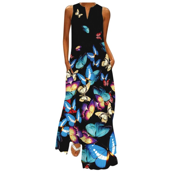 Elegent Sleeveless Print V-Neck Maxi Dress