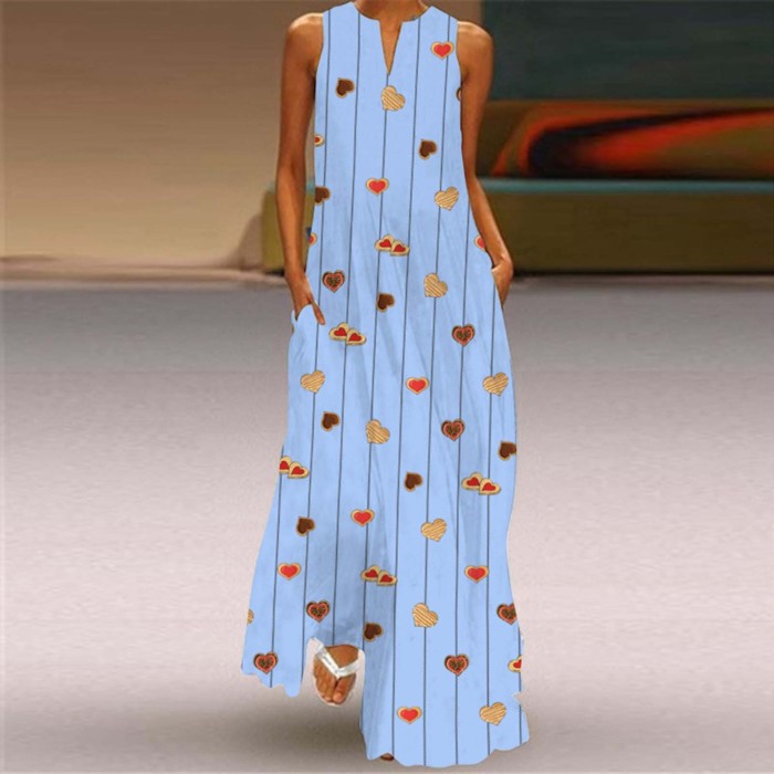Bohemian Heart Pattern Print Casual Maxi Dress