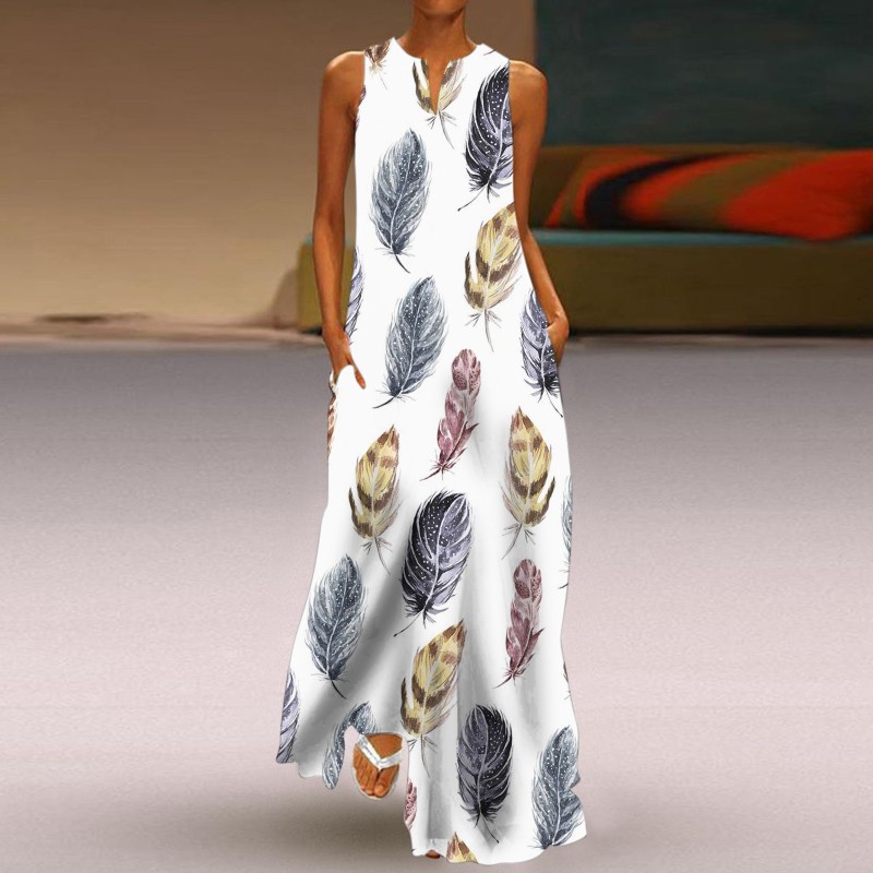Casual Sleeveless Print V Neck Maxi Dress