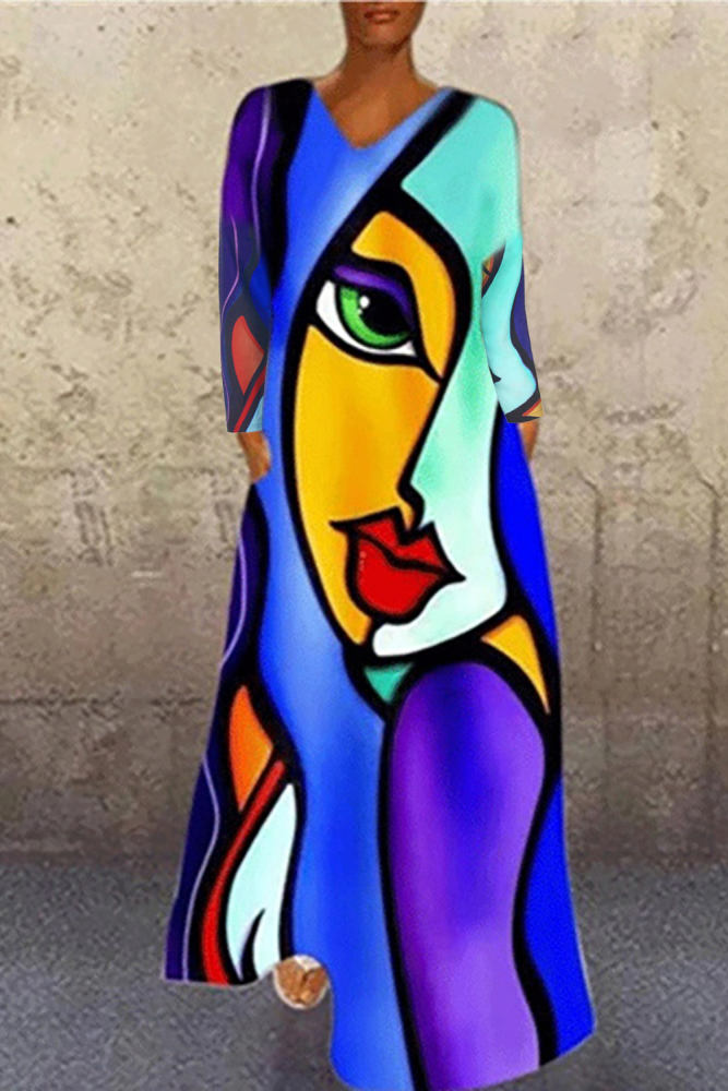 Women Fashion Abstract Print Casual Long Sleeve Sexy V-Neck Loose Maxi Long Dress
