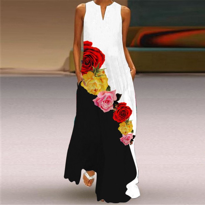 Casual Print V Neck Boho Floral Beach Maxi Dress