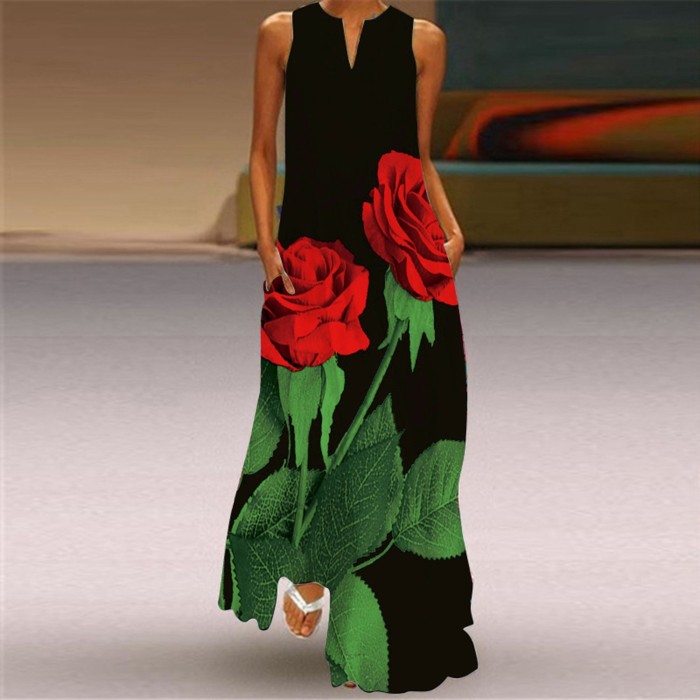 Casual Sleeveless Print V Neck Maxi Dress