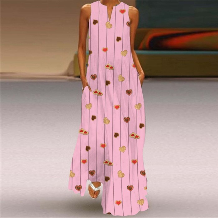 Bohemian Heart Pattern Print Casual Maxi Dress