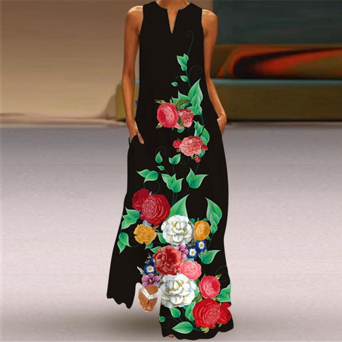 Floral Print V-Neck Elegent Maxi Dress