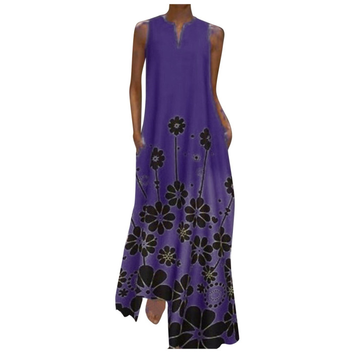 Fashion Casual Floral Print V Neck Elegent Maxi Dress