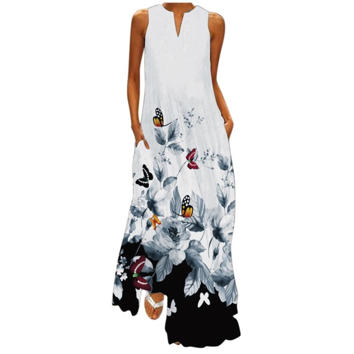 Casual Sleeveless Butterfly Print V-Neck Maxi Dress