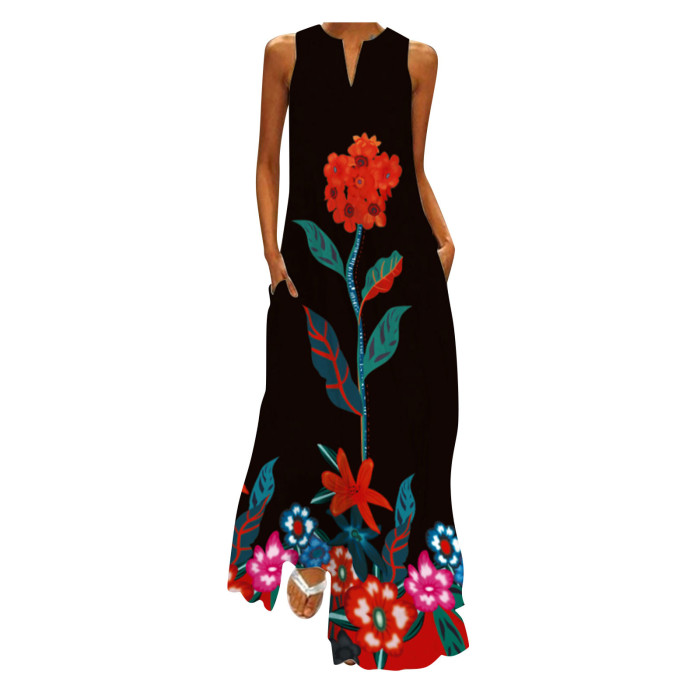 Fashion Print V-Neck Elegent Maxi Dress