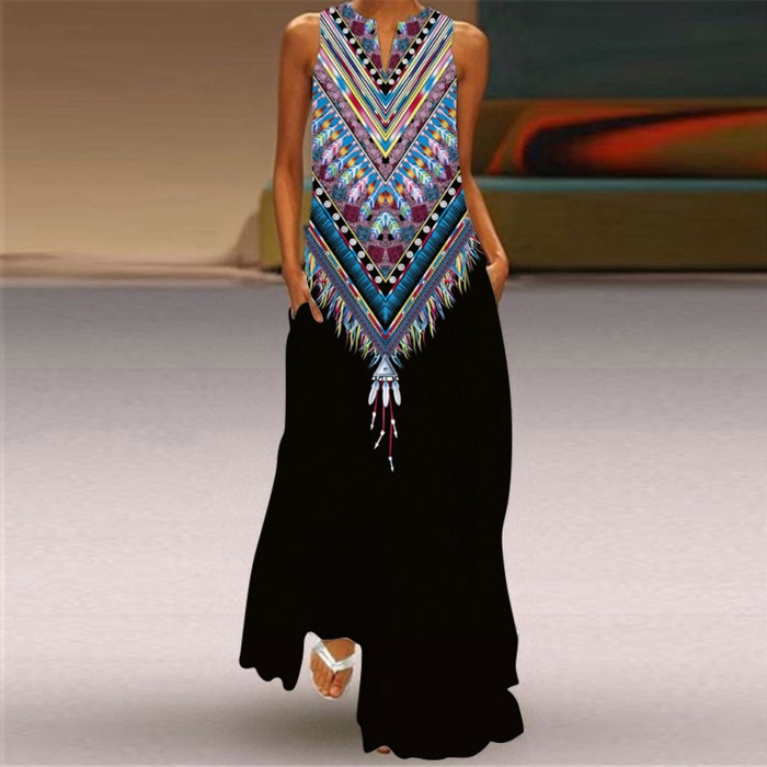Fashion Print V-Neck Elegent Maxi Dress