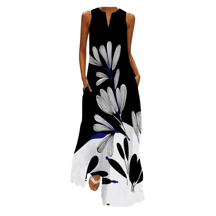 Sleeveless Fashion Boho Print V-Neck Maxi Dress