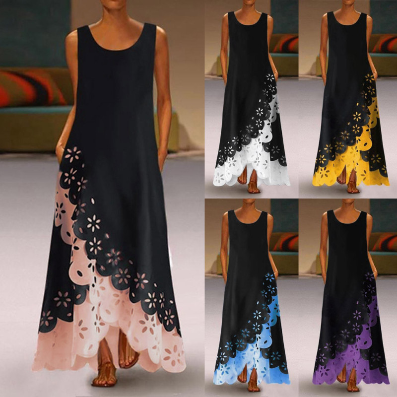 Fashion Sleeveless Printing Round Neck Bohemia Maxi Dress