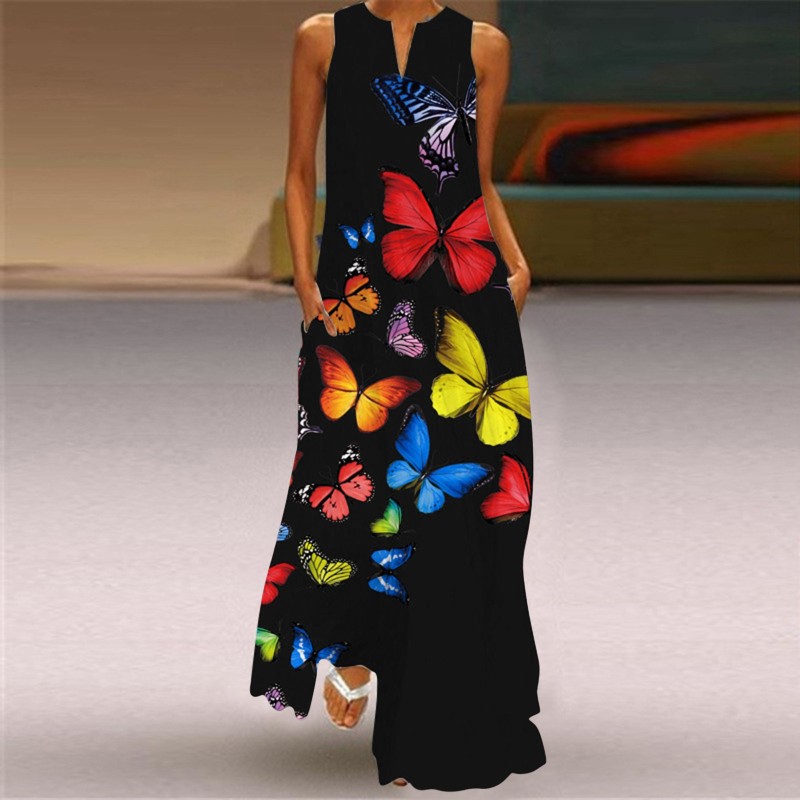 Casual Print V Neck Boho Floral Beach Maxi Dress