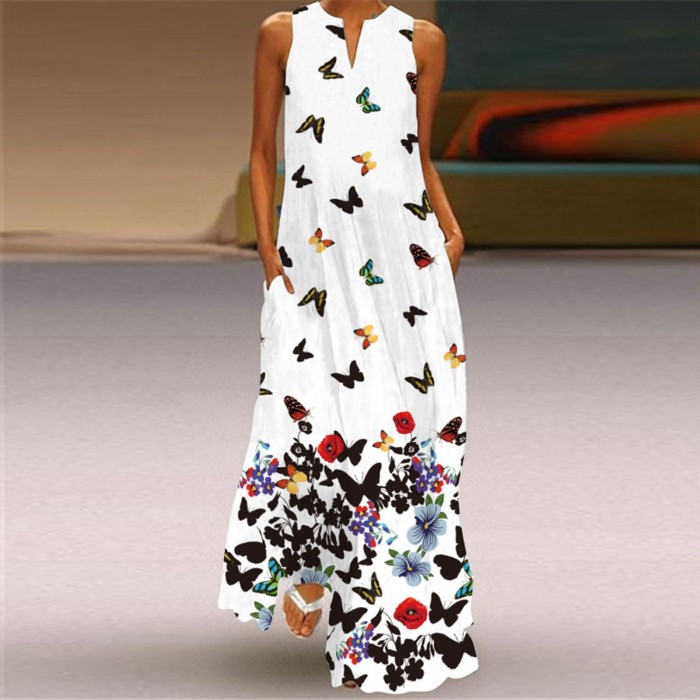 Casual Sleeveless Butterfly Print V-Neck Maxi Dress
