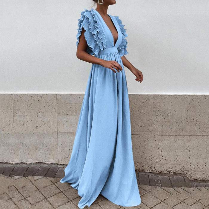 V Neck Ruffle Tiered Wedding Guest Dresses