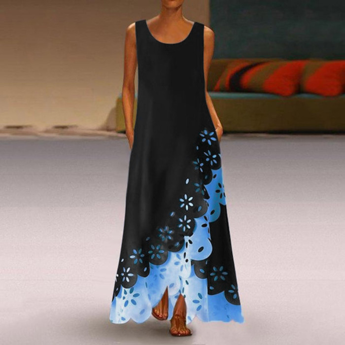 Fashion Sleeveless Printing Round Neck Bohemia Maxi Dress