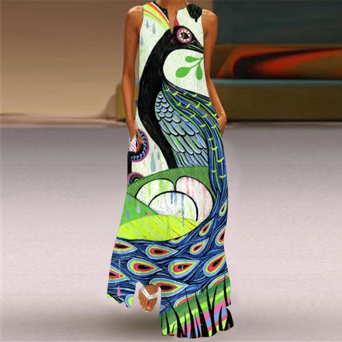 Casual Print V Neck Maxi Dress