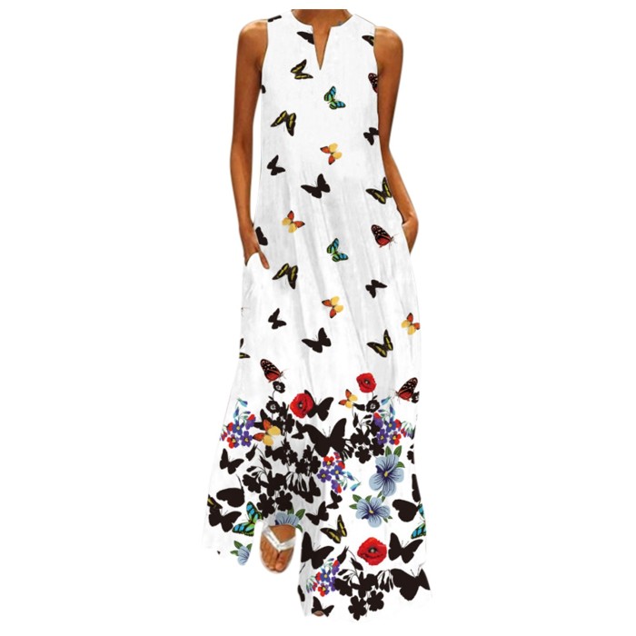 Casual Sleeveless Butterfly Print V-Neck Maxi Dress