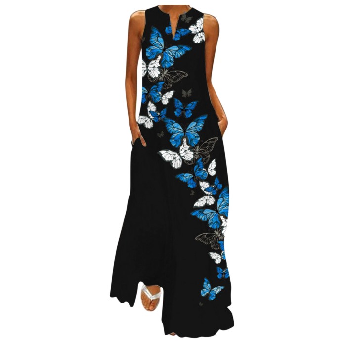 Casual Sleeveless Butterfly Print V-Neck Maxi Dress