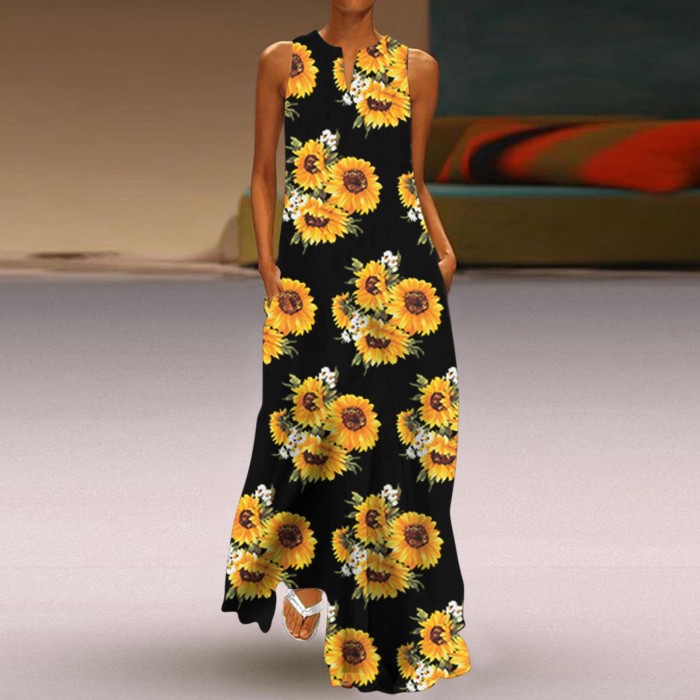 Casual Sleeveless Print V Neck Maxi Dress
