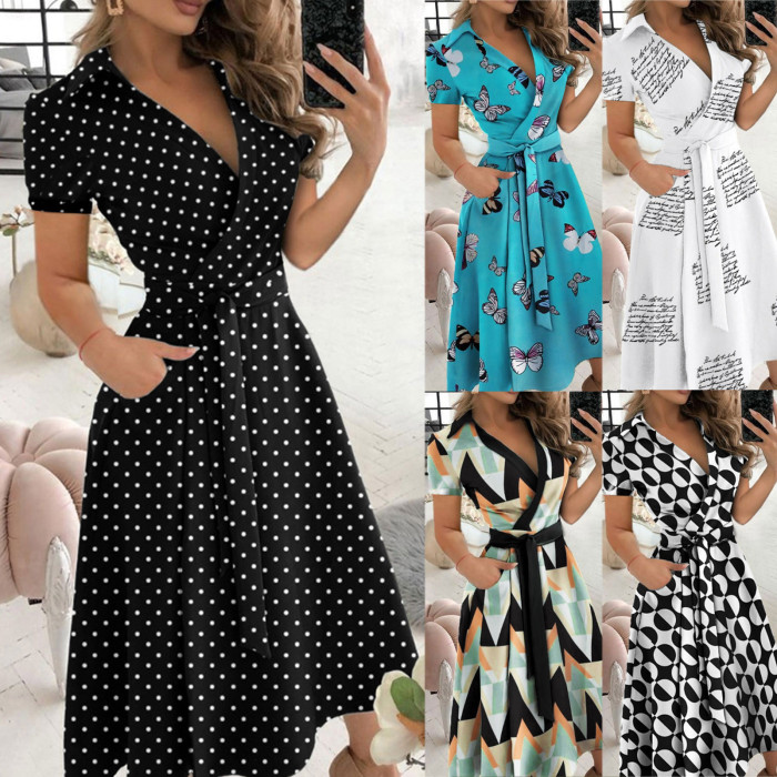 Sexy Fashion Print V-Neck Elegent Party Prom Wedding Guest Dresses