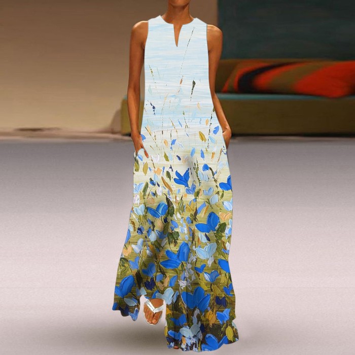 Elegant Party Retro Print Boho V Neck Maxi Dress