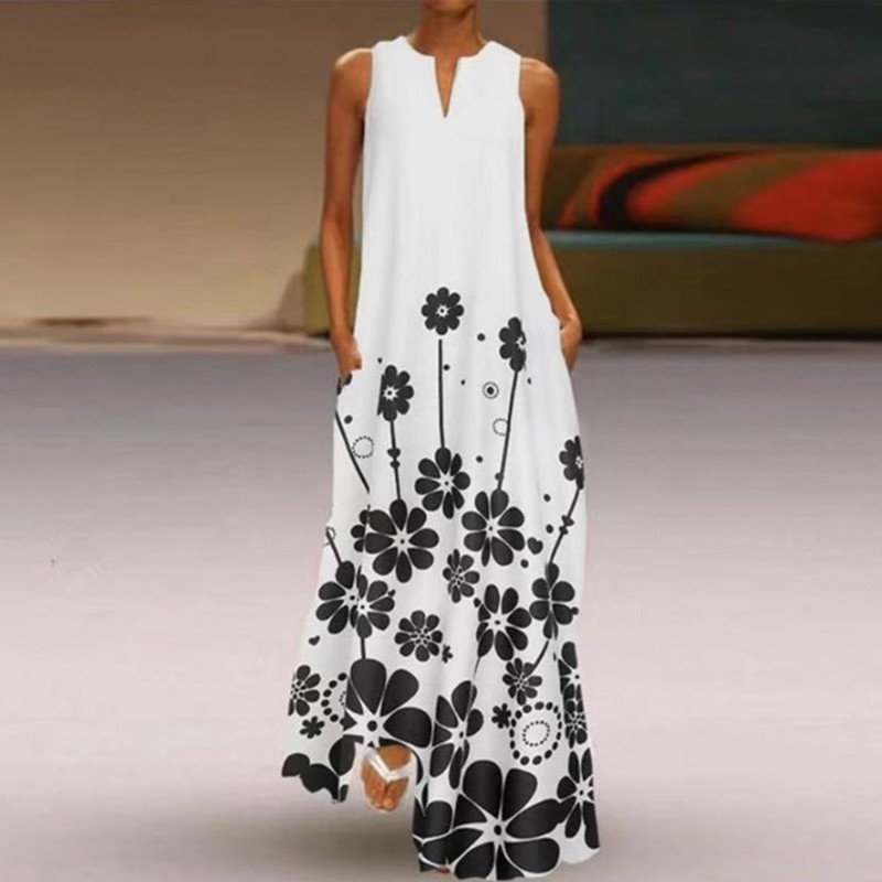 Fashion Casual Floral Print V Neck Elegent Maxi Dress