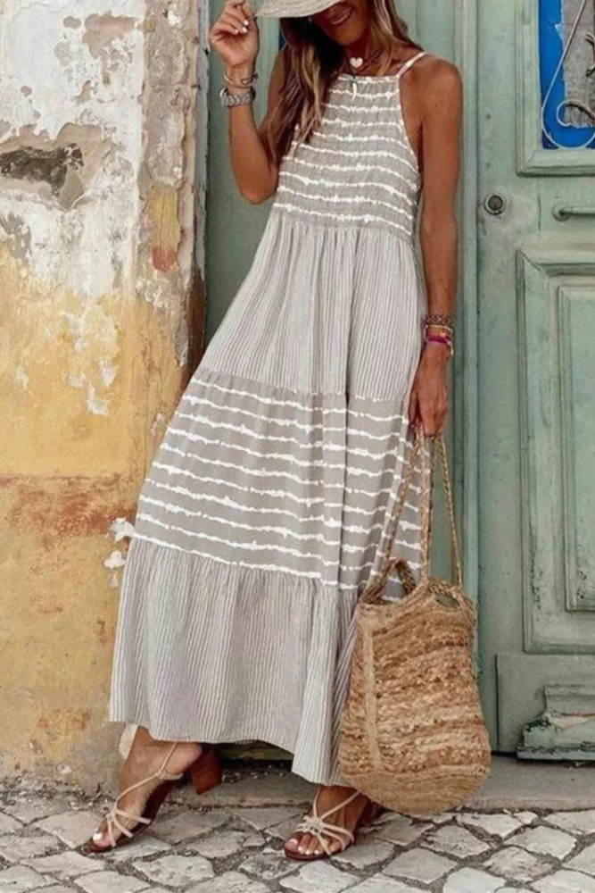 Elegant Casual Loose Vintage Striped Print Patchwork Maxi Dress