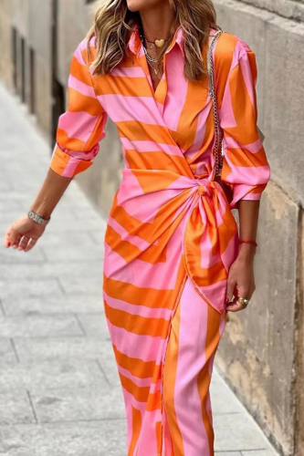 Elegant Lapel Long Sleeve Fashion Striped Print Dress