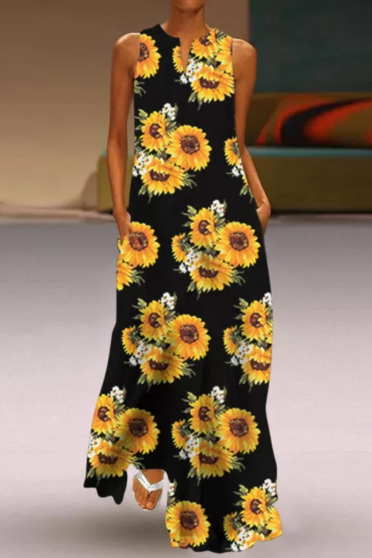 Casual Sleeveless Print V Neck Maxi Dress