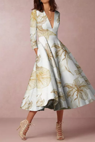 Vintage Geometric Print Temperament V-Neck Fashion Casual Wedding Guest Dress