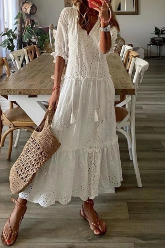 Bohemian Loose Vintage Embroidery Hollow Out Elegant Maxi Dress