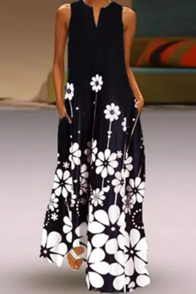 Fashion Casual Floral Print V Neck Elegent Maxi Dress